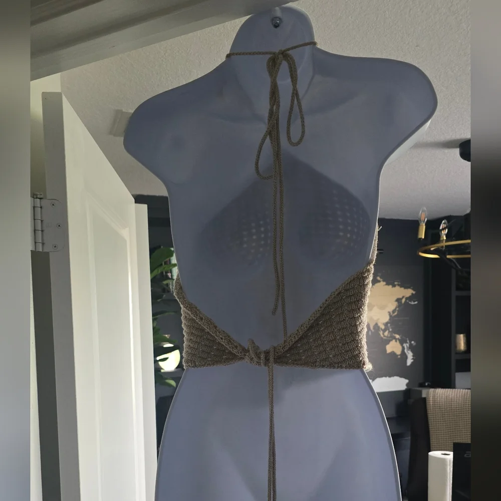 Gianni Bini Tan Crochet Edie Skirt Set Halter Top Natural Midi Skirt L Large - Picture 9 of 12